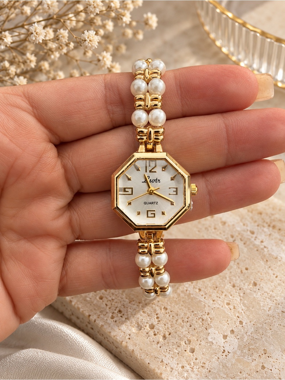 Elegant Gold Pearl Bracelet Watch